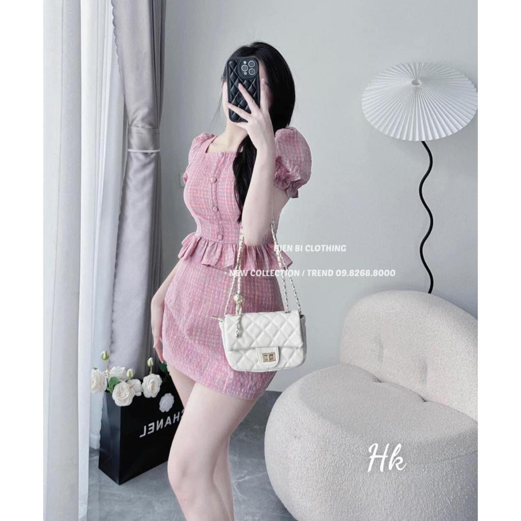 Sét bộ xốp caro áo bèo lai đính nút bọc kèm chân váy