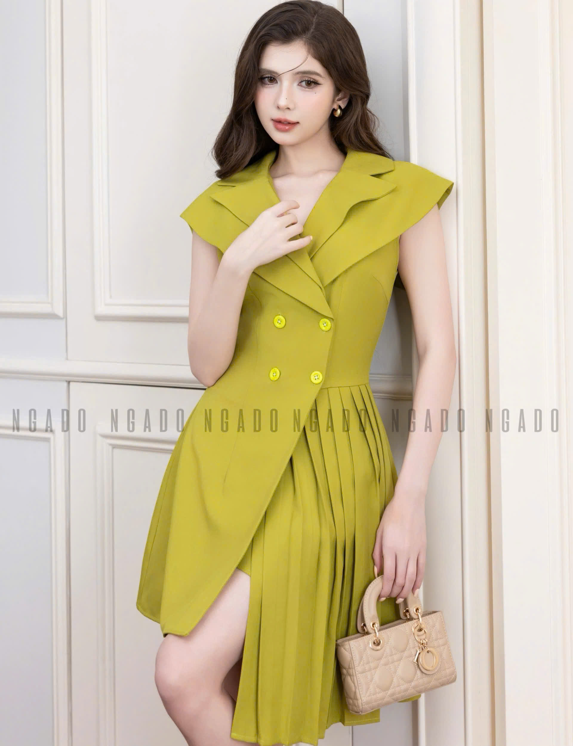 Đầm xanh bơ xếp ly NGADO , đầm nữ , đầm công sở , dự tiệc