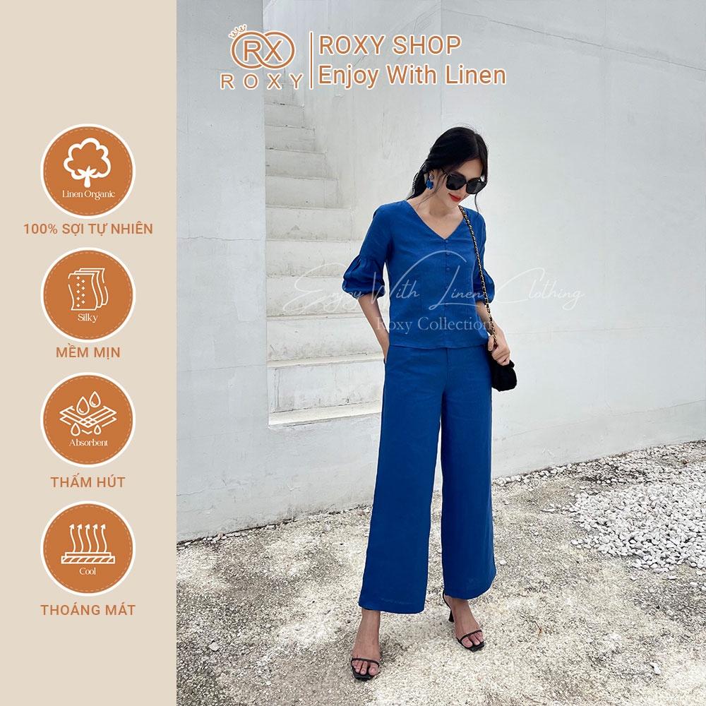 Set Bộ Linen Áo Tay Dài Cổ Tim Tay Dài Bo Chun Phối Quần Ống Suông