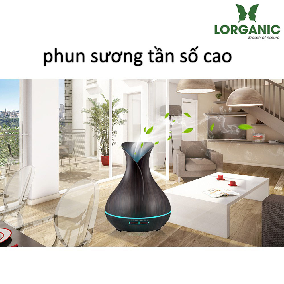 Combo máy khuếch tán/ máy xông tinh dầu bình hoa màu nâu FX2020 + tinh dầu sả chanh + tinh dầu cam Lorganic (10ml x2) LGN0185