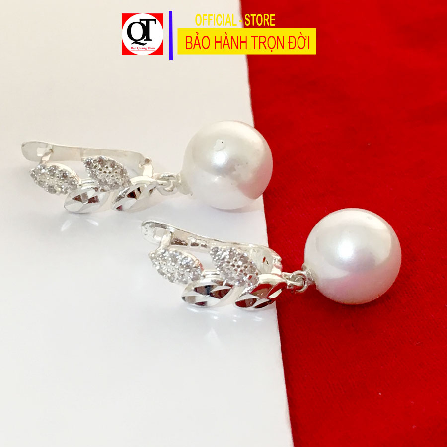 Bông tai bạc nữ ngọc trai dài khóa bật chắc chắn gắn đá trắng cao cấp trang sức Bạc Quang Thản - QTBT147