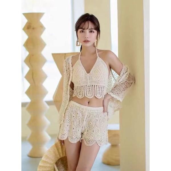 37-Set bikini ren đi biển 3 món gồm áo choàng hạt-áo bra-quần sóc mã mới 2022