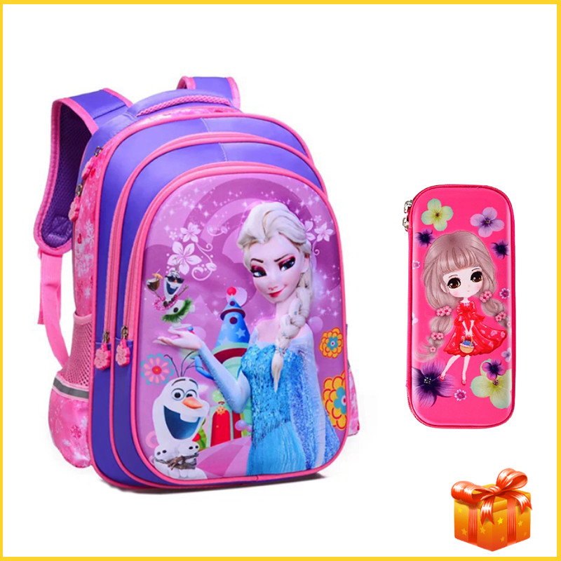 Balo Đi Học Cho Bé Gái Màu Hồng Màu Tím In Nổi 3D Hình Công Chúa Elsa FROZEN Cấp 1 Tiểu Học  TE3