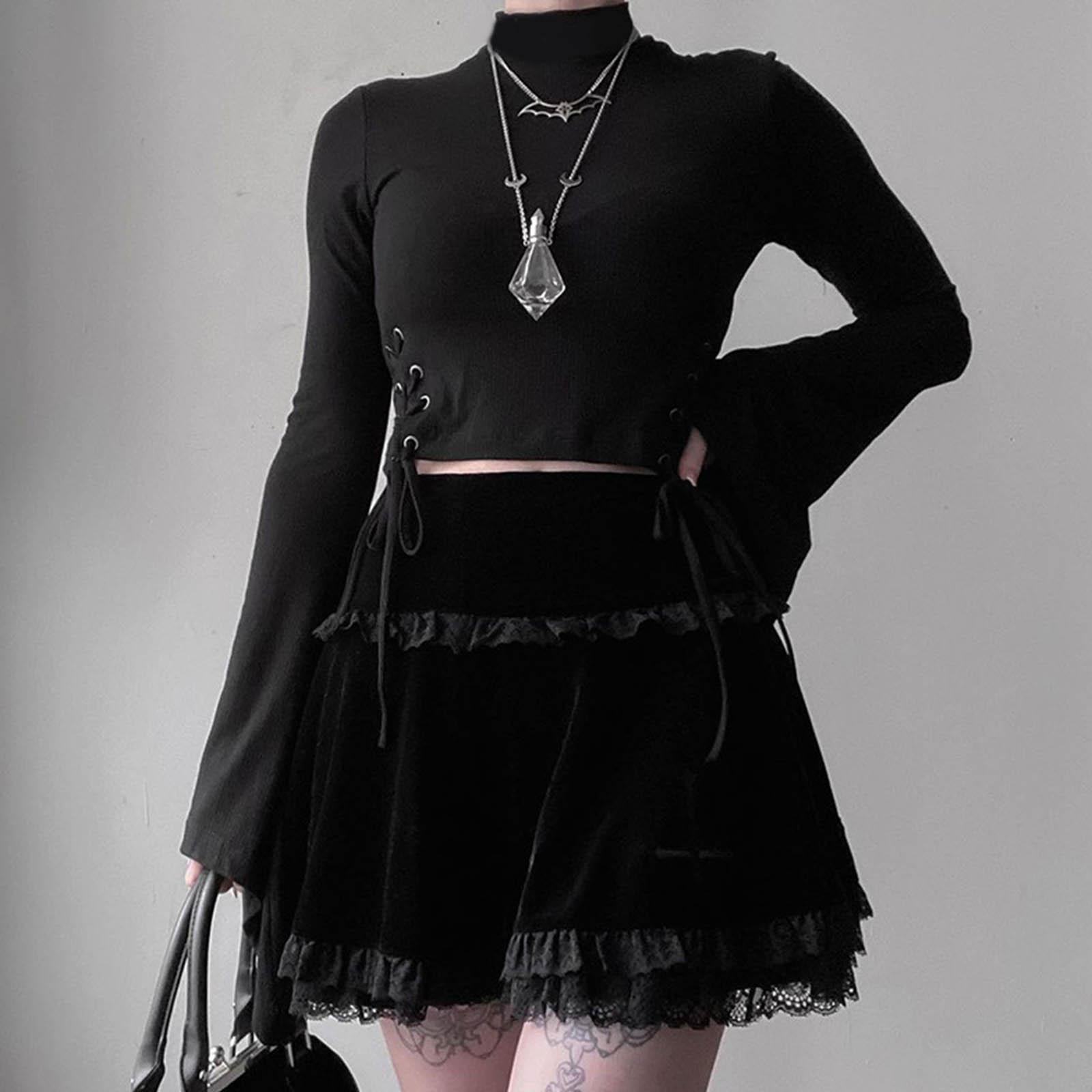 Cute Pleated Skirt A Line Lace Trim Comfortable Punk Dark Women Short Skirts for Girl