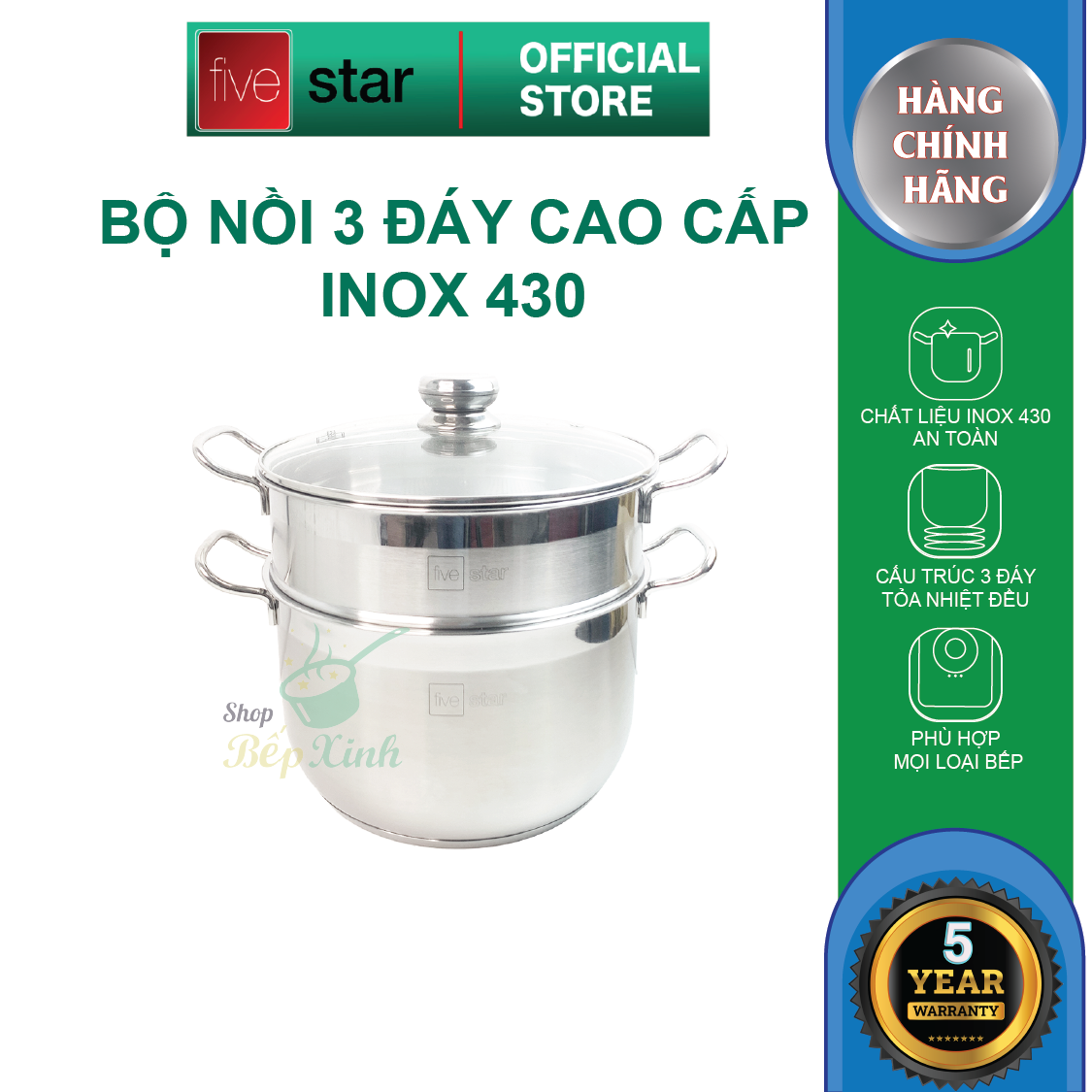 Bộ xửng hấp 3 đáy inox 430 FiveStar Standard bếp từ nắp kính tặng 10 muỗng ăn