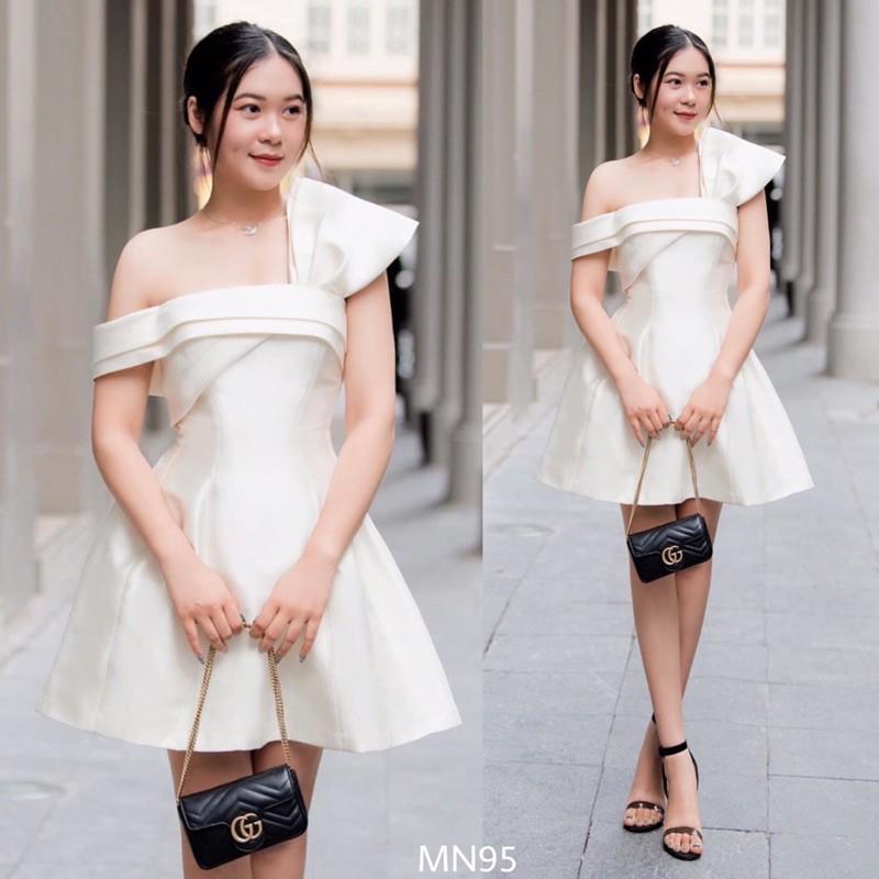 Đầm dự tiệc đầm sang trọng dáng xoè Taffta nơ ngực chéo vai đi chơi dạo phố công sở MN95 - Đầm Váy Mina