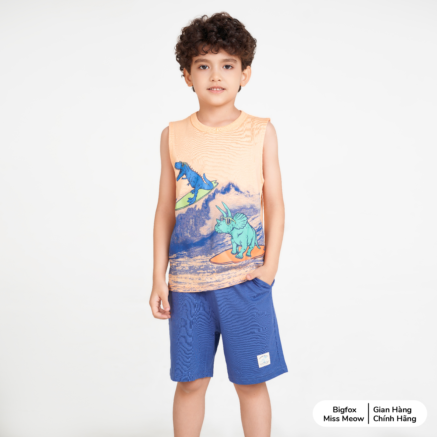 Bộ sát nách bé trai Bigfox Miss Meow mùa hè kiểu ba lỗ chất cotton in khủng long size đại 3,9,11 tuổi 25kg 40kg.1926