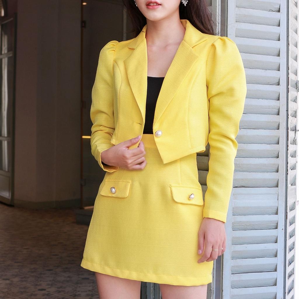 KIOBI - Chân váy Ibiza form mini, dáng váy chữ A, eo lưng cao, vải tweed mỏng vàng - KIV20121V