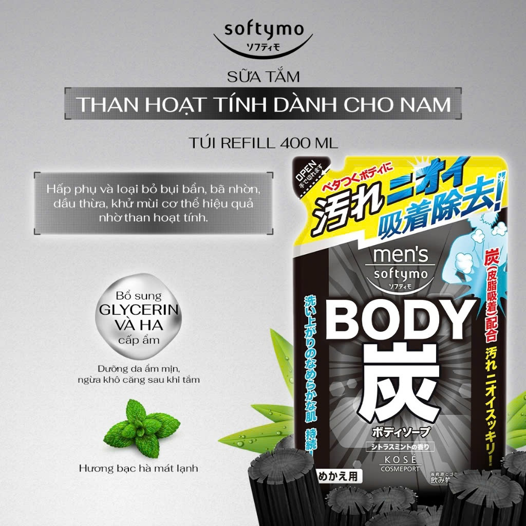 Sữa Tắm Than Hoạt Tính Dành Cho Nam Kosé Softymo Men's Body Soap Túi Refill 400mL