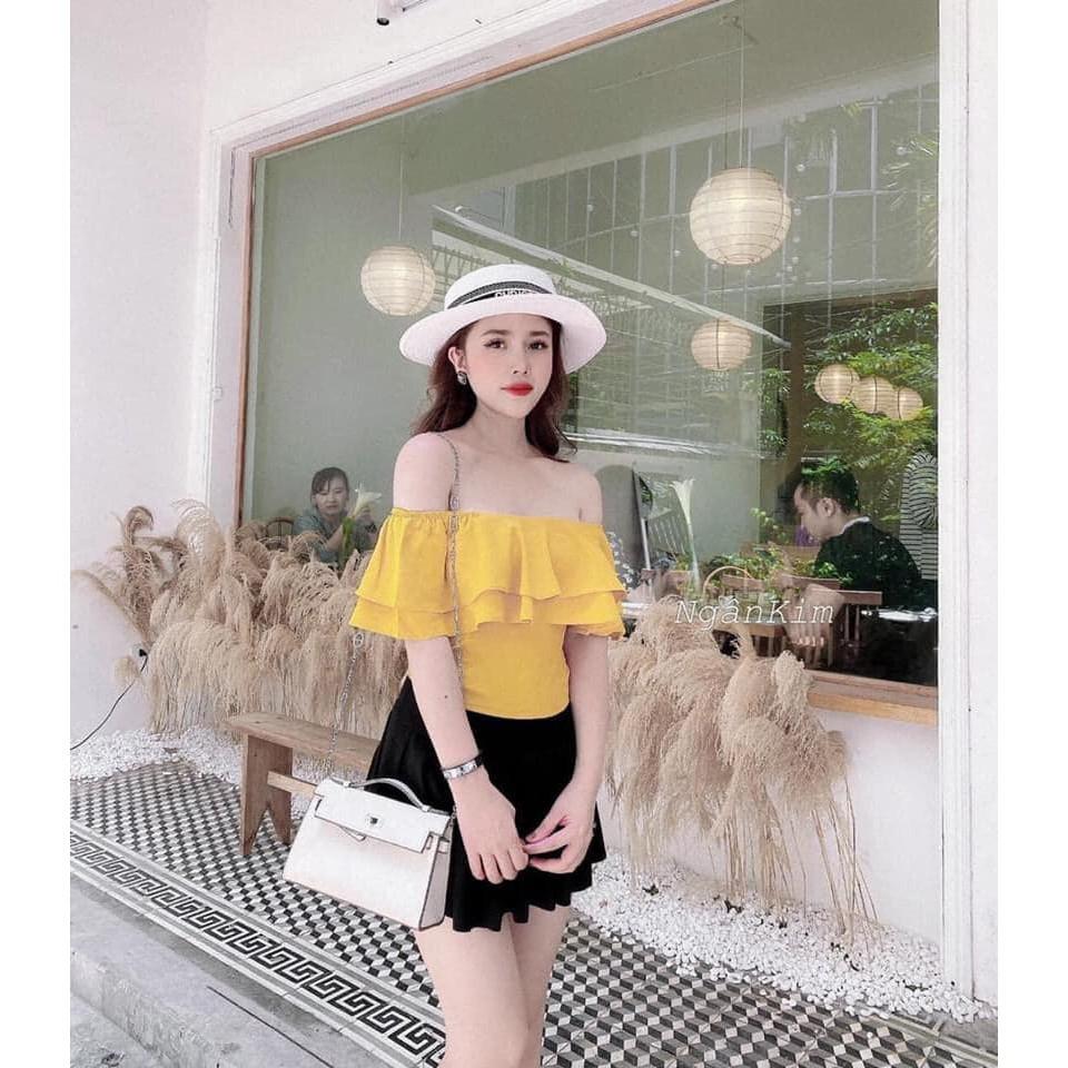 Áo sơ mi trễ vai bánh bèo 2 màu đen vàng