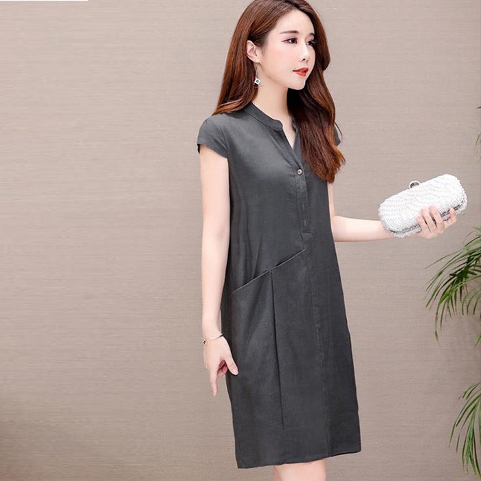 Đầm suông linen cổ bổ trụ, thời trang phong cách Hàn Quốc