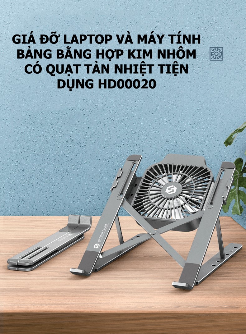 Giá đỡ laptop và máy tính bảng bằng hợp kim nhôm có quạt tản nhiệt tiện dụng HD00020