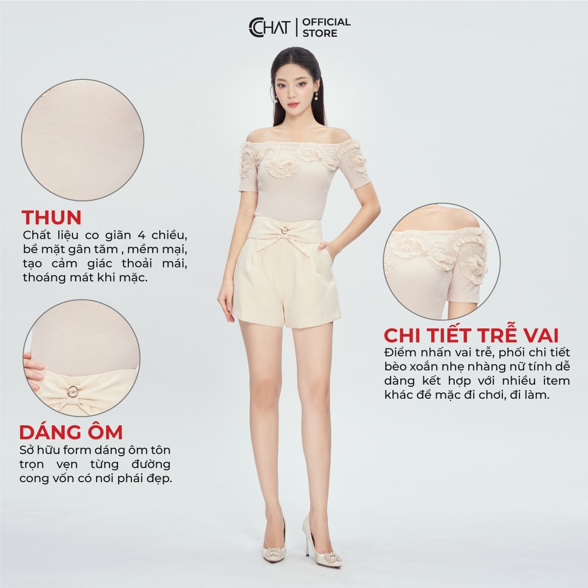 Áo Thun  Kiểu Trễ Vai Phối Bèo Dáng Ôm Chất Vải Mềm Mịn Co Giãn 4 Chiều 13TNC8002OT
