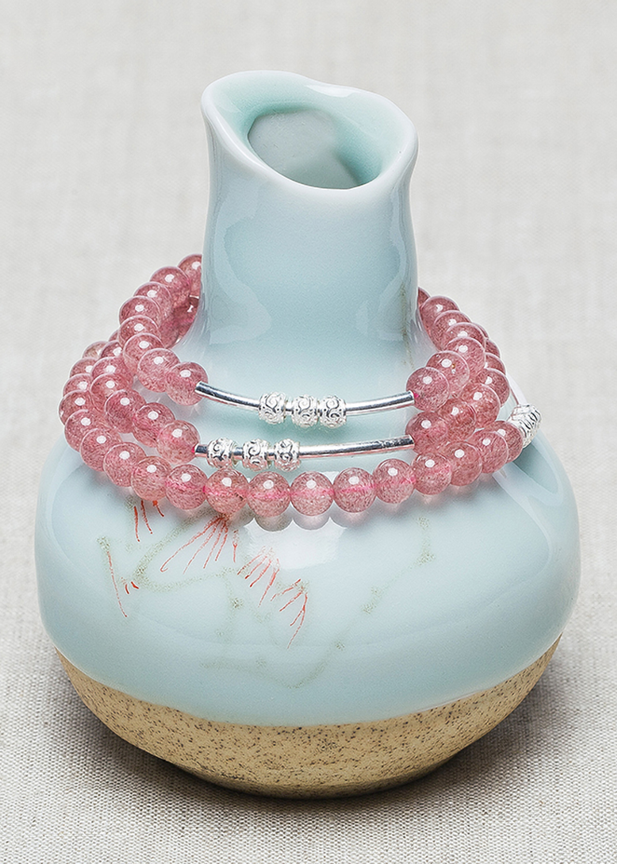 Vòng tay 3 line đá thạch anh hồng charm bạc mệnh hỏa, thổ - Ngọc Quý Gemstones