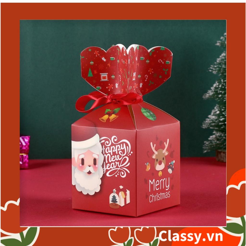 Hộp giấy Giáng sinh 9.5*8*8cm tự gấp hình viên kẹo, gắn Ruy băng Classy ; in họa tiết NOEL vui vẻ Q765