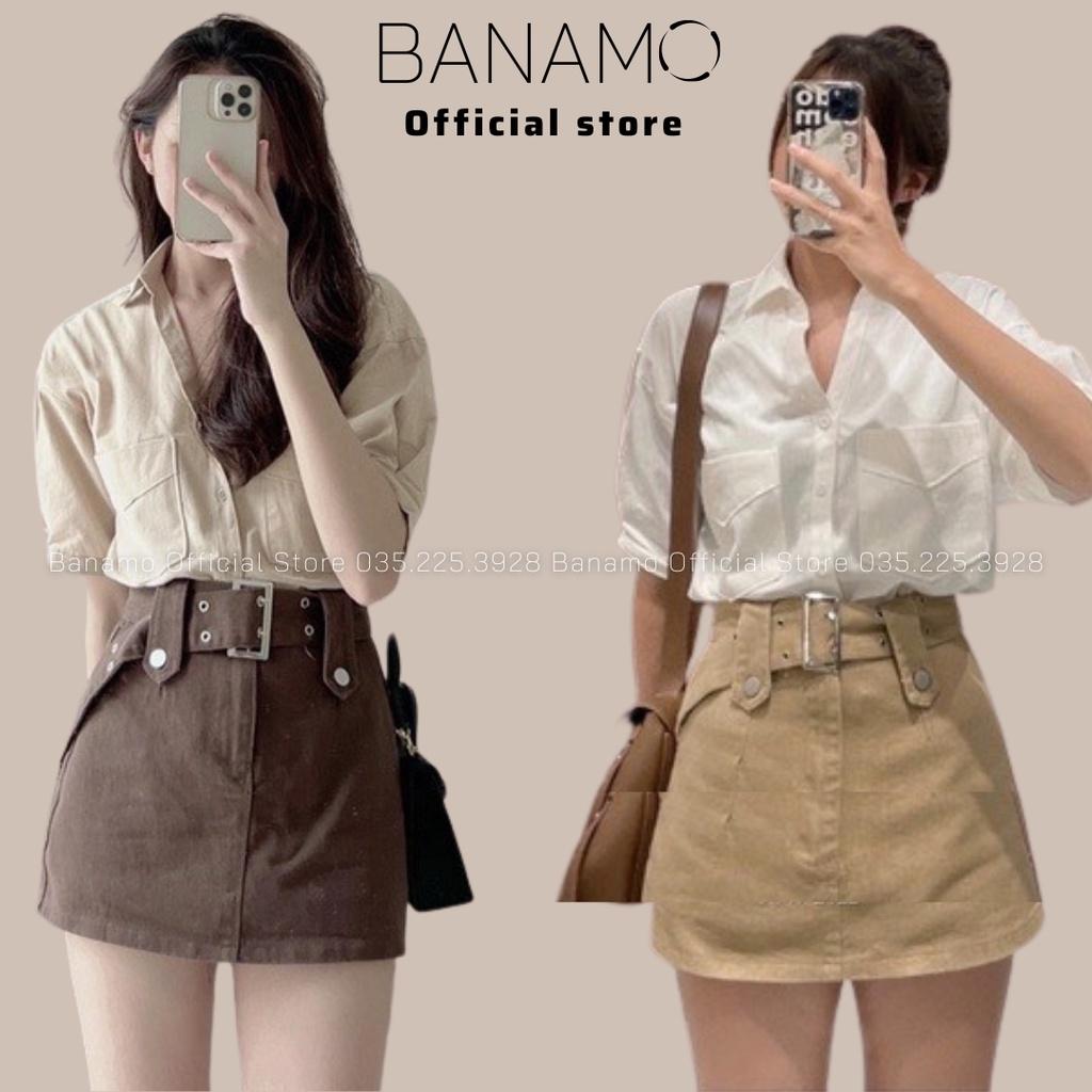 Sét bộ đồ nữ váy jean kèm đai và áo sơ mi cổ V cực xinh thời trang Banamo Fashion sét bộ nữ 1912