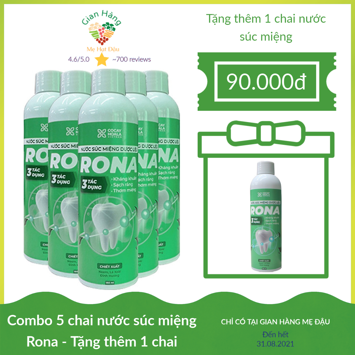 Combo 6 Chai Nước súc miệng dược liệu Rona ( Mua 6 tính tiền 5) CoCayHoaLa - Khử mùi - Sạch bay hôi miệng - Chặn ngay nhiệt miệng - Mẹ bầu và trẻ nhỏ dùng được, chai 150ml - Hàng chính hãng