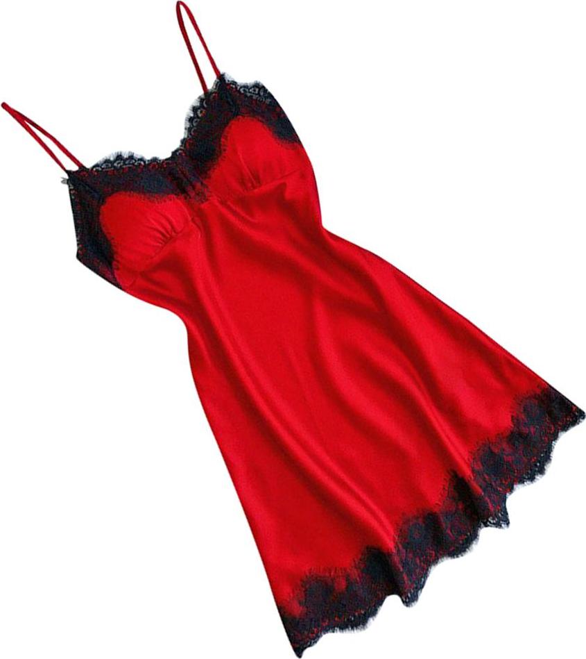 Sexy Women Lace Trim Satin Nightdress Lingerie Sleepwear Red Nightgown Set