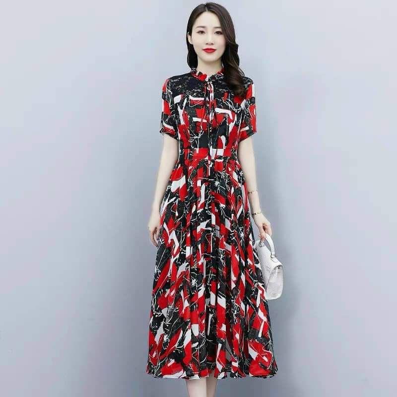 HÀNG NHẬP - ĐẦM MAXI VOAN HỌA TIẾT ĐỎ CỔ TRỤ BÈO