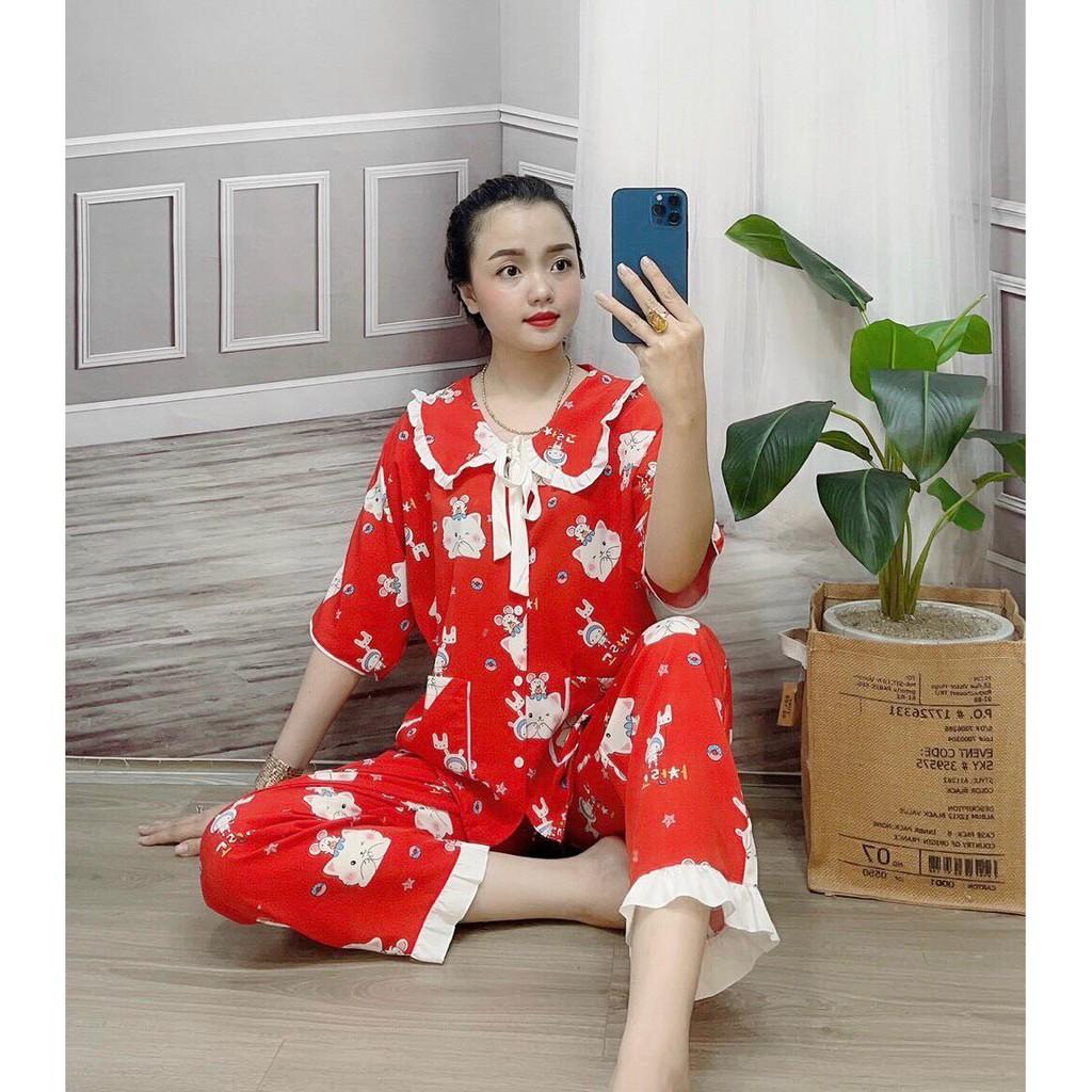 Đồ bộ ngủ mặc nhà pijama, tay ngắn cánh dơi quần dài, vải lụa siêu mềm mại