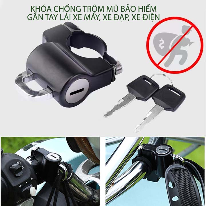 Khóa chống trộm mũ bảo hiểm gắn tay lái xe máy, đạp, xe điện, bằng hợp kim kèm 2 chìa khóa