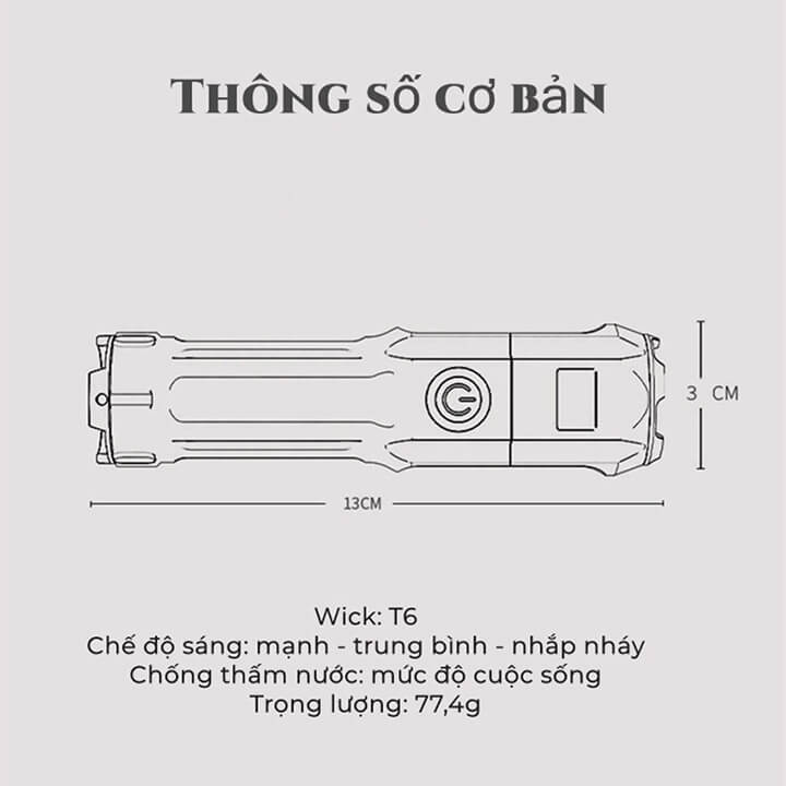 Đèn pin mini cầm tay siêu sáng chiếu xa 300m có Zoom xa gần, chip Led T6 pin trâu, chống nước IP44