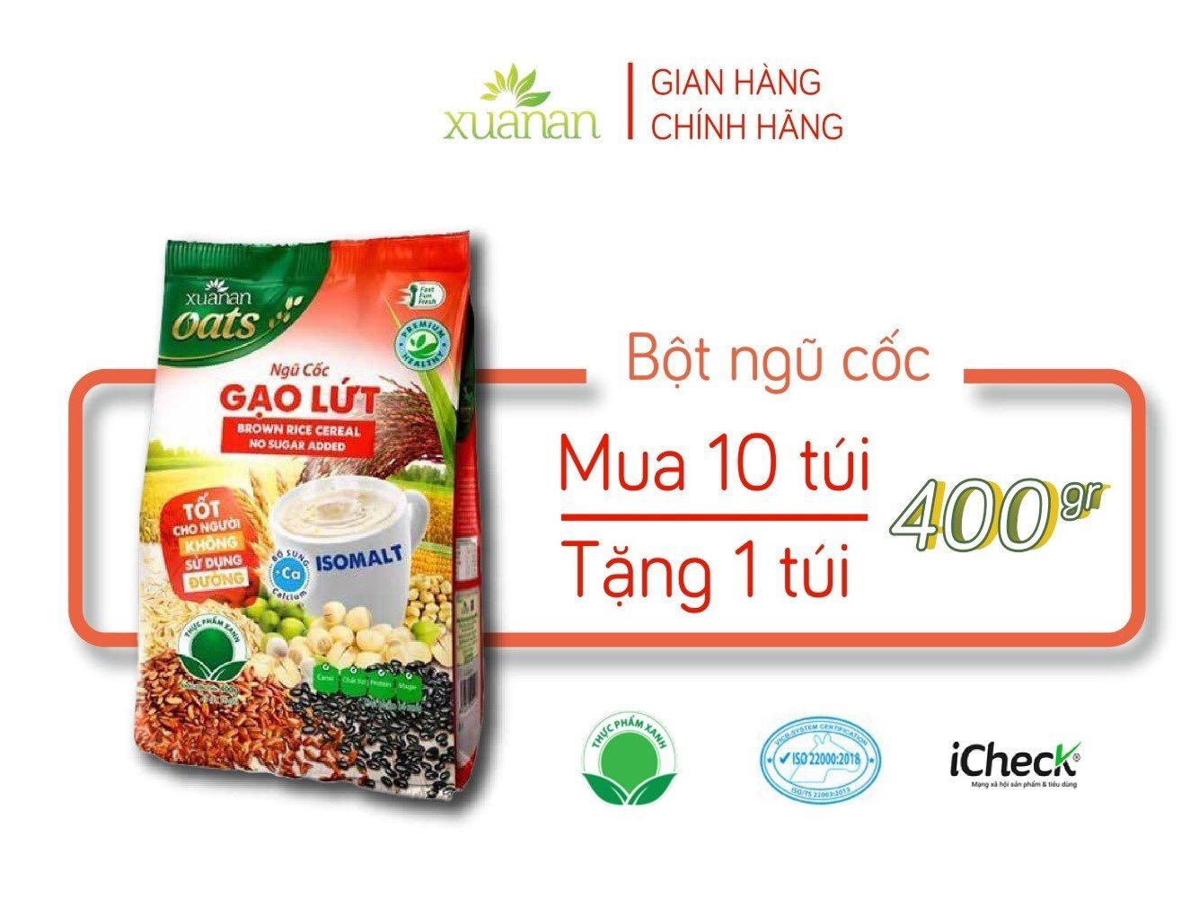 Ngũ Cốc Gạo Lứt No Sugar Xuân An [đường ăn kiêng] Túi 400G {25g*16 gói}(Tặng Kèm 1 Túi Yến Mạch 150G)