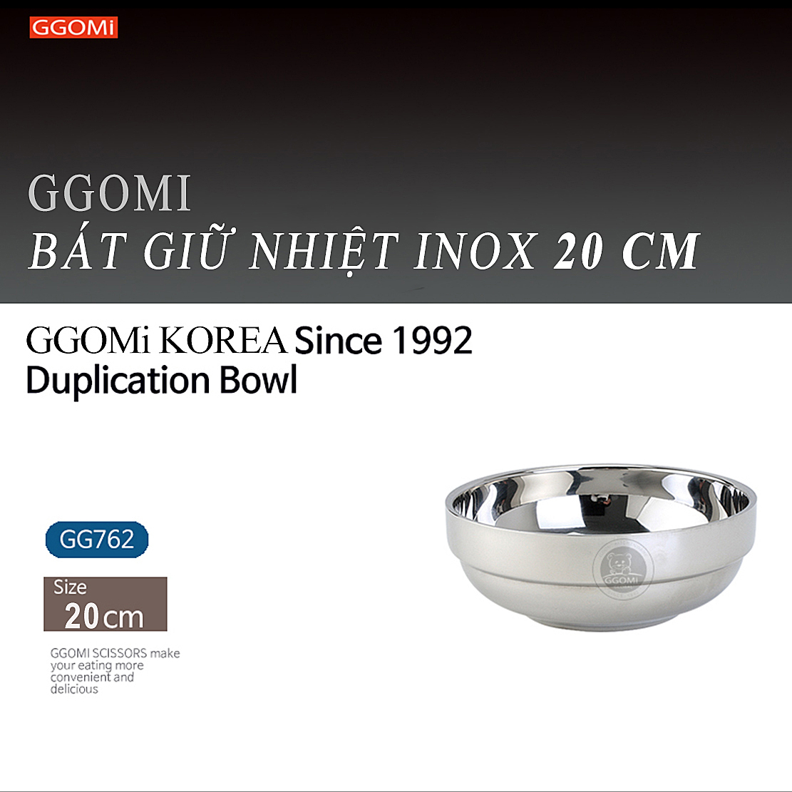 Hàng Chính Hãng Bát Inox Giữ Nhiệt Bằng Thép Không Gỉ, Hút Chân Không Giữ Thành Và Lòng Bát Của Ggomi Hàn Quốc - 20Cm