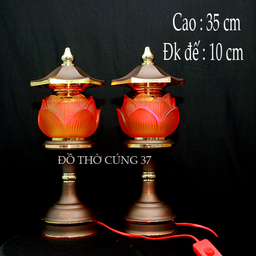 Cặp Đèn Hoa Sen Cửu Liên Thủy Lưu Ly, Chân Hợp Kim Cao 35 cm