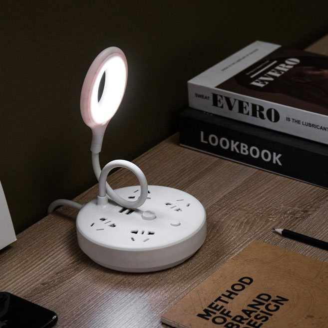 Ổ Cắm Điện Tròn NAVIVU Kết Hợp Đèn Bàn, Cổng Sạc USB, Dây Chịu Tải 2500W, Chống Cháy