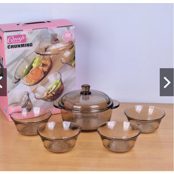 COMBO BỘ 5 MÓN NỒI & 4 BÁT THUỶ TINH CHỊU NHIỆT
