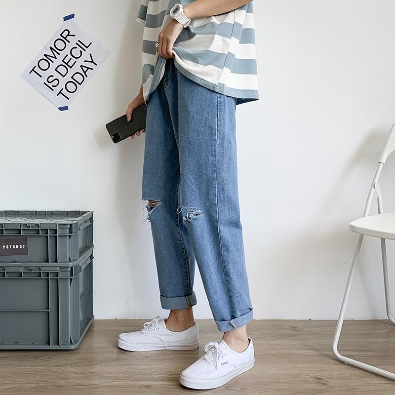 Quần jean nam rách gối dáng baggy ống suông rộng vải jeans cao cấp