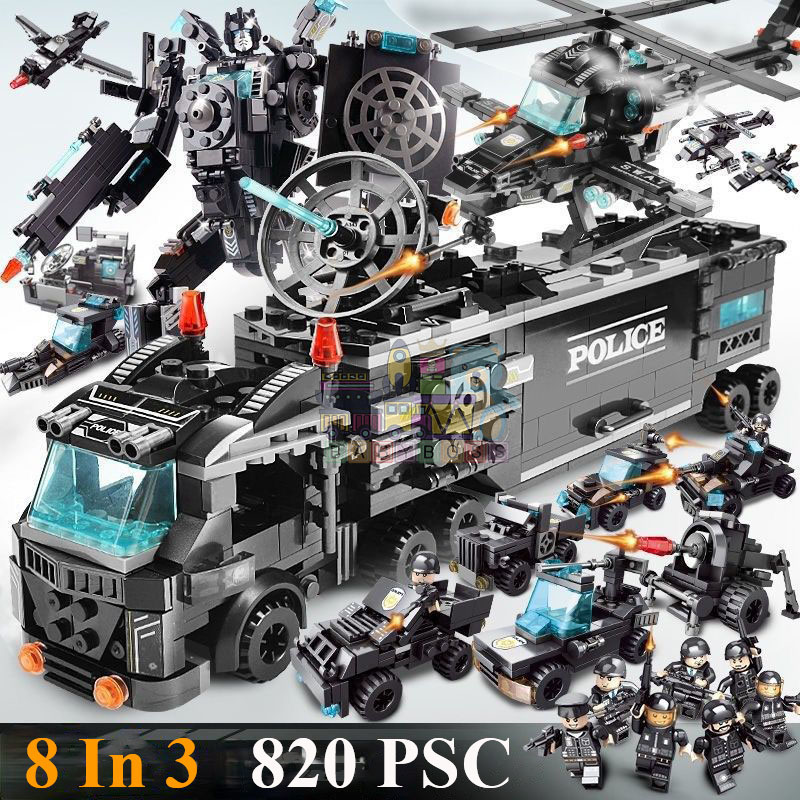 Đồ chơi lắp ráp SWAT 8 trong 3 – Biến hình xe quân sự, robot, trực thăng – 820 chi tiết – 51 mô hình sáng tạo – Quà cho bé trai 6+