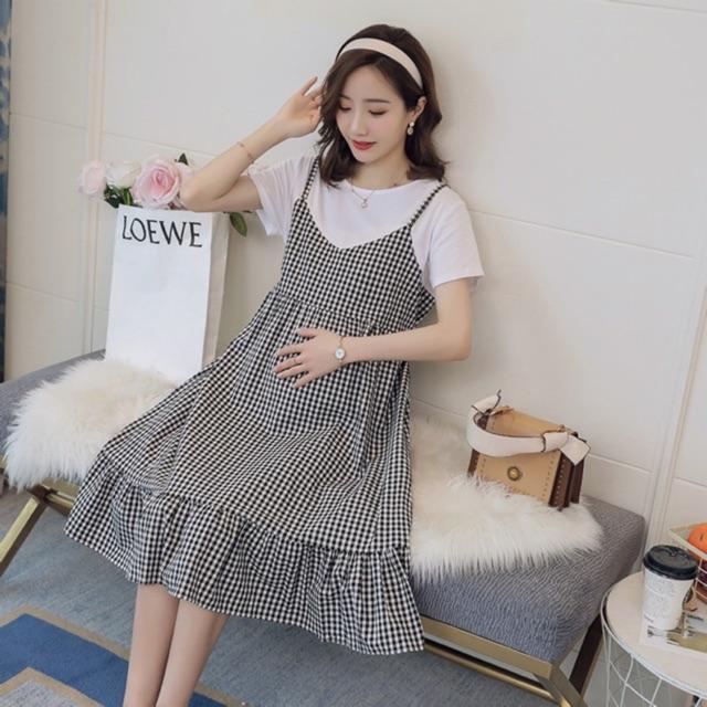 Set yếm kẻ bầu - váy thiết kế