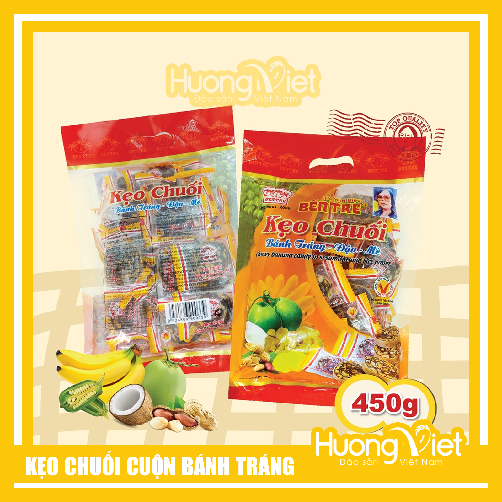 Đặc Sản Bến Tre - Kẹo Chuối Cuộn Bánh Tráng Bến Tre 450G, Kẹo Chuối Cuộn Bánh Tráng Đậu Mè Thương Hiệu Hai Tỏ Bến Tre