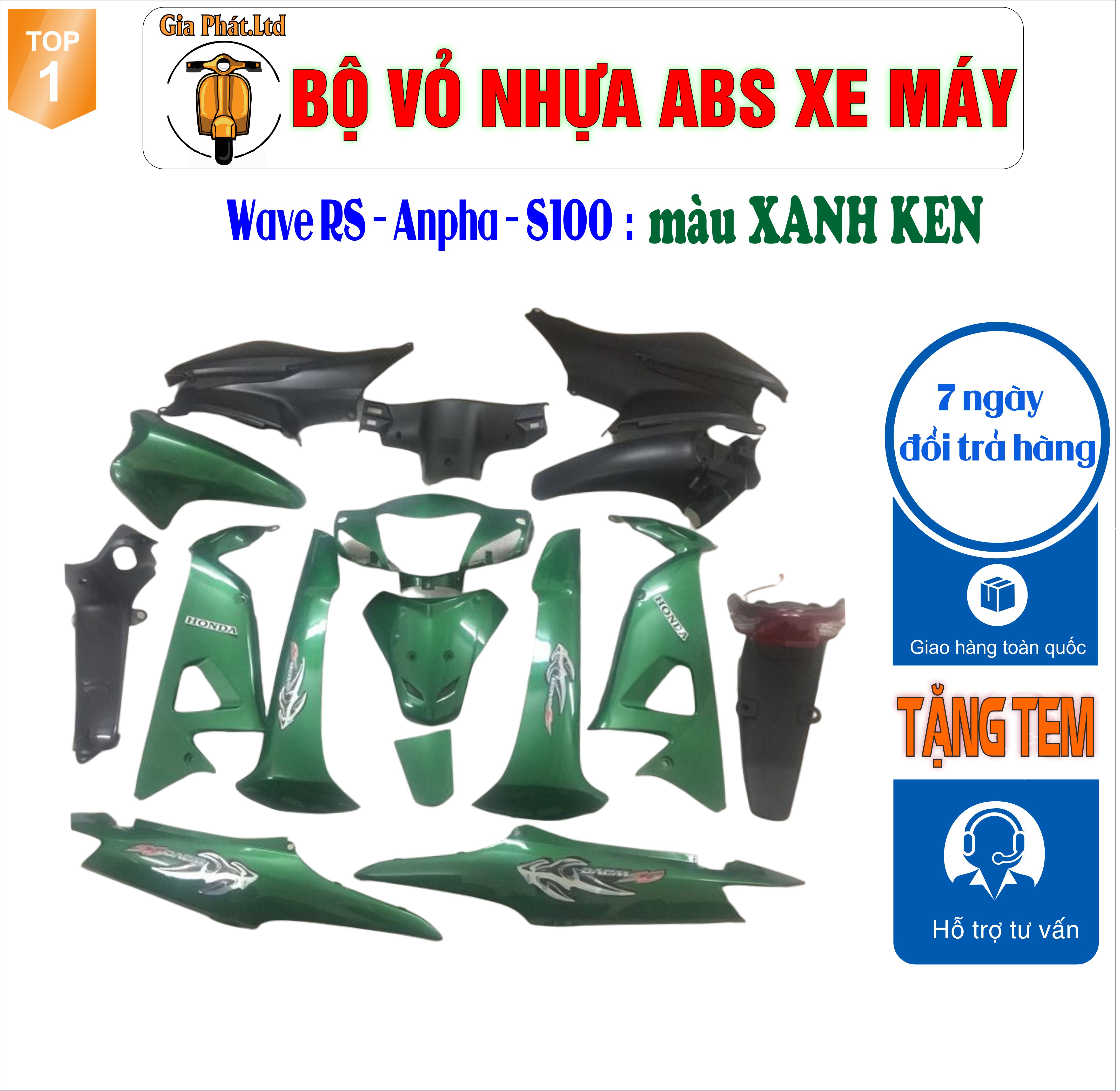 [tặng tem 3 lớp  ] Dàn áo xe Wave RS - wave alpha - wave s100, nhựa ABS nguyên sinh màu XANH KEN_TKB-662(8285)