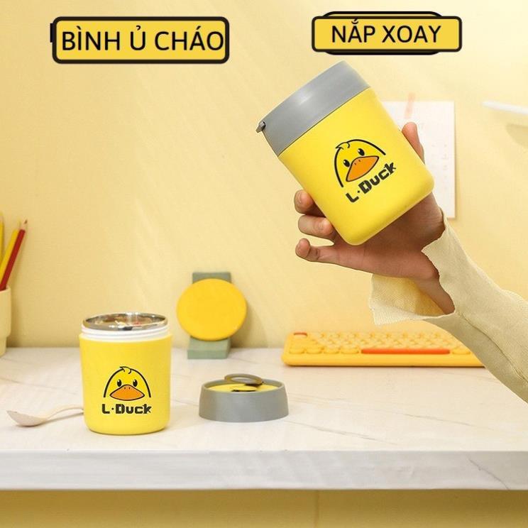 Bình ủ cháo inox có quai xách hình vịt vàng 550ml