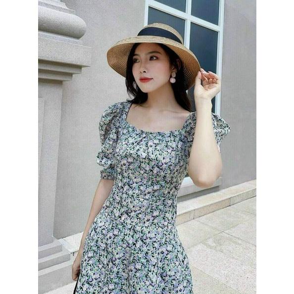 ĐẦM XOÈ LỤA HOA CỔ VUÔNG TAY PHỒNG