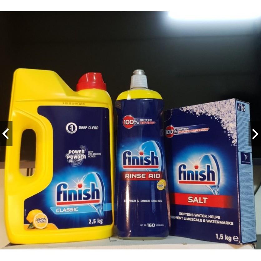 Combo Bột rửa bát Finish 2.5kg+Muối rửa bát Alio 2 kg+Bóng Finish 750ml + Tặng 3 viên dùng thử