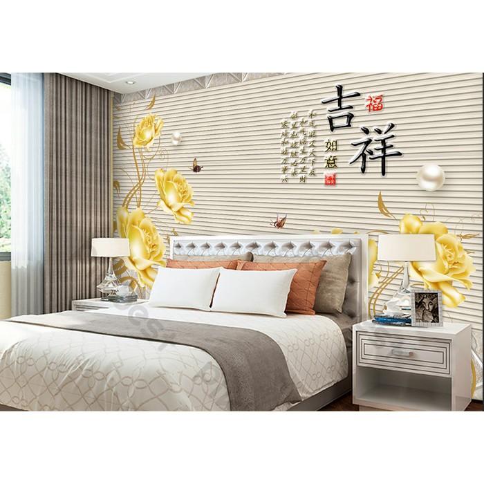 Tranh dán tường Hoa hồng vàng tài lộc, tranh dán tường 3d hiện đại MS1211840