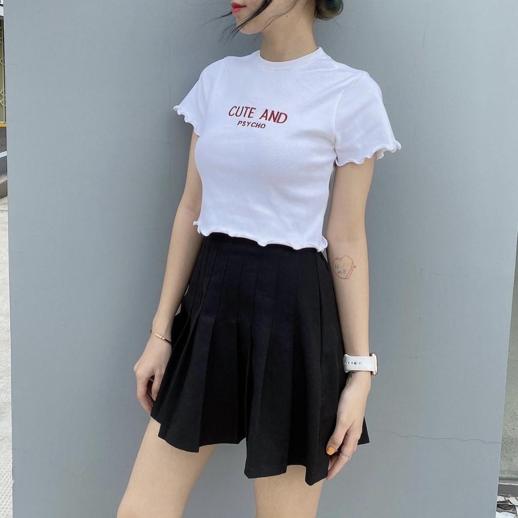 Áo croptop tay nhún cute &amp; psycho, áo croptop nữ 2 màu thêu chữ, áo thun basic.