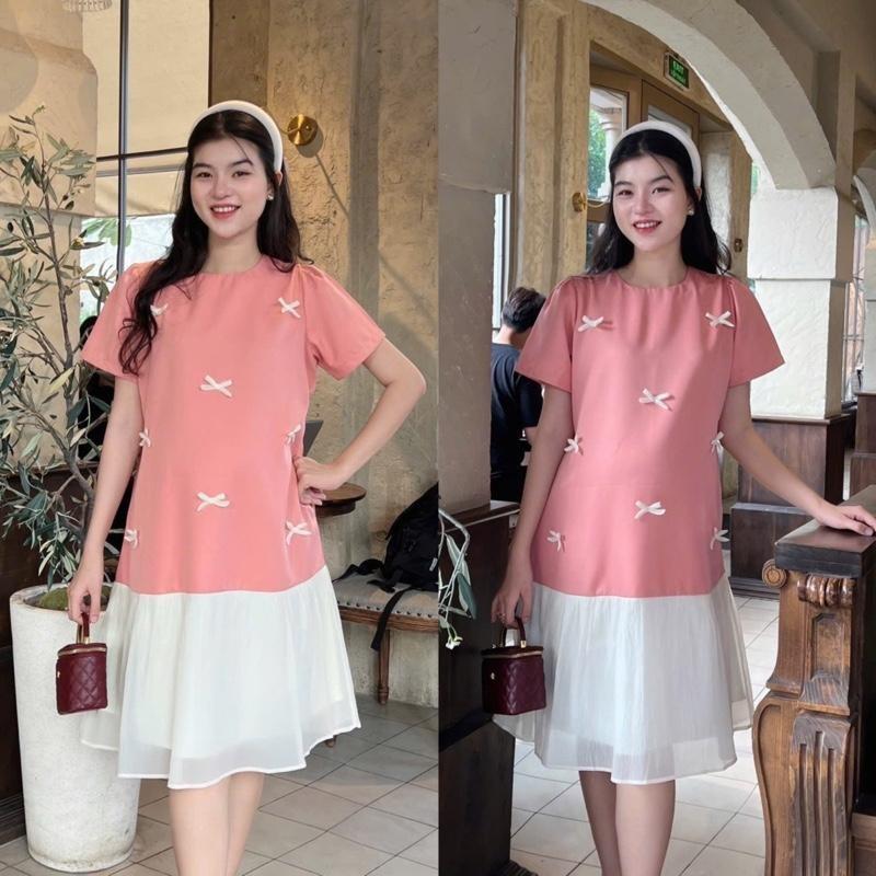 Đầm bầu đuôi cá đính nơ phối chân voan tơ sang chảnh chất cotton lạnh mát mẻ - Xanh đen