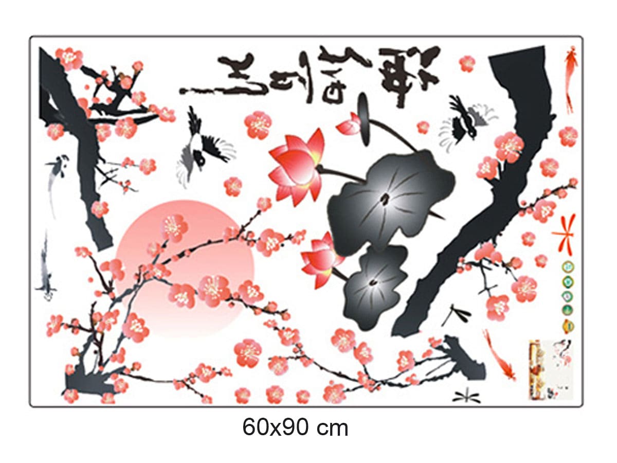 Decal dán tường hoa đào và hoa sen đỏ