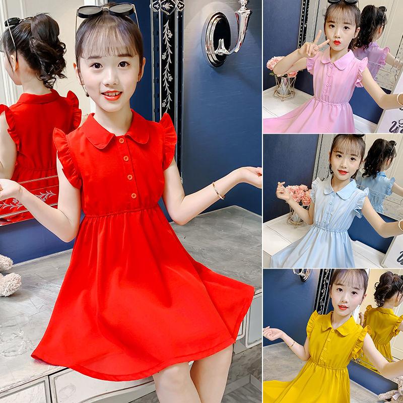 DONGSHOP Cô gái ăn mặc mùa hè 2023 váy công chúa phong cách tây cho trẻ em phiên bản Hàn Quốc Mid-Big Boy không tay màu ẩm váy