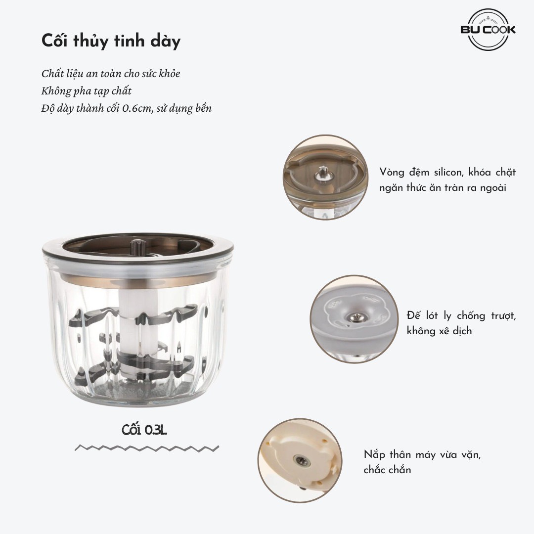 Máy Xay Thịt Ăn Dặm Cho Bé, Máy Xay Đa Năng Cối Thủy Tinh, Lưỡi 6 Cánh BUCOOK BNP0523 - Hàng chính hãng