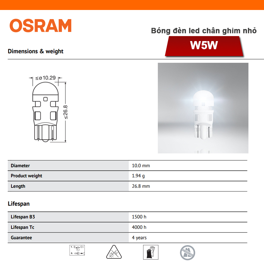 Combo 2 Bóng Đèn Led Chân Ghim Nhỏ OSRAM Standard T10 W5W 2825DW4.0 12V Màu Trắng Cool