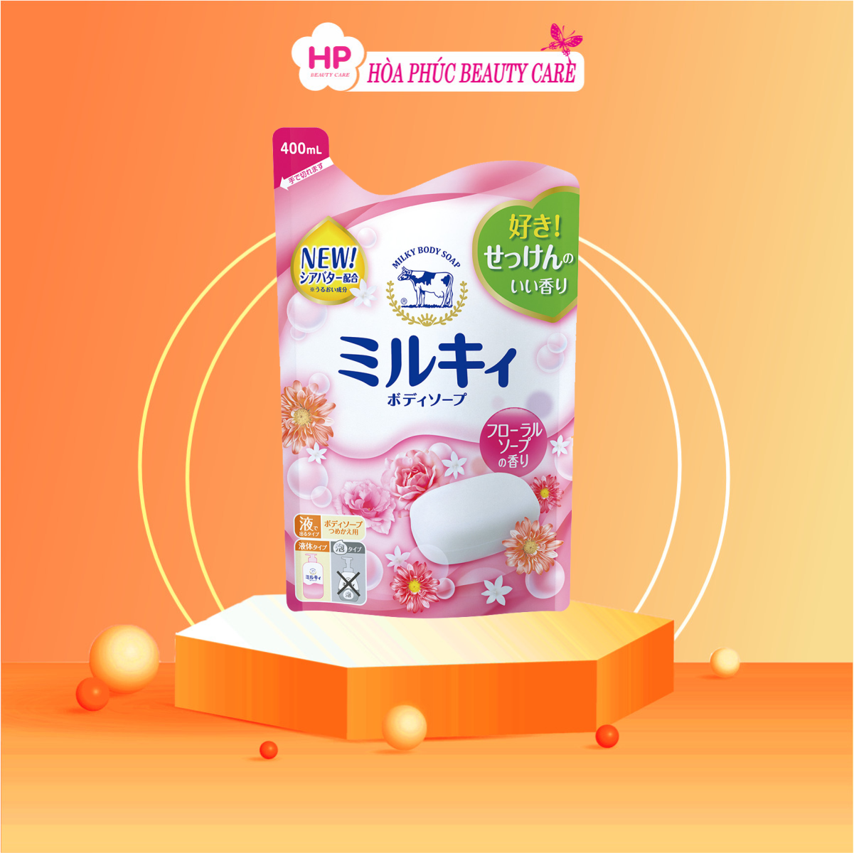 Sữa Tắm Dưỡng Trắng Mịn Da Hương Hoa Hồng Cow Milky Body Soap Flower Chiết Xuất Sữa Bò Tươi Refil 400mL (Combo 400mL Và Set 24mL)