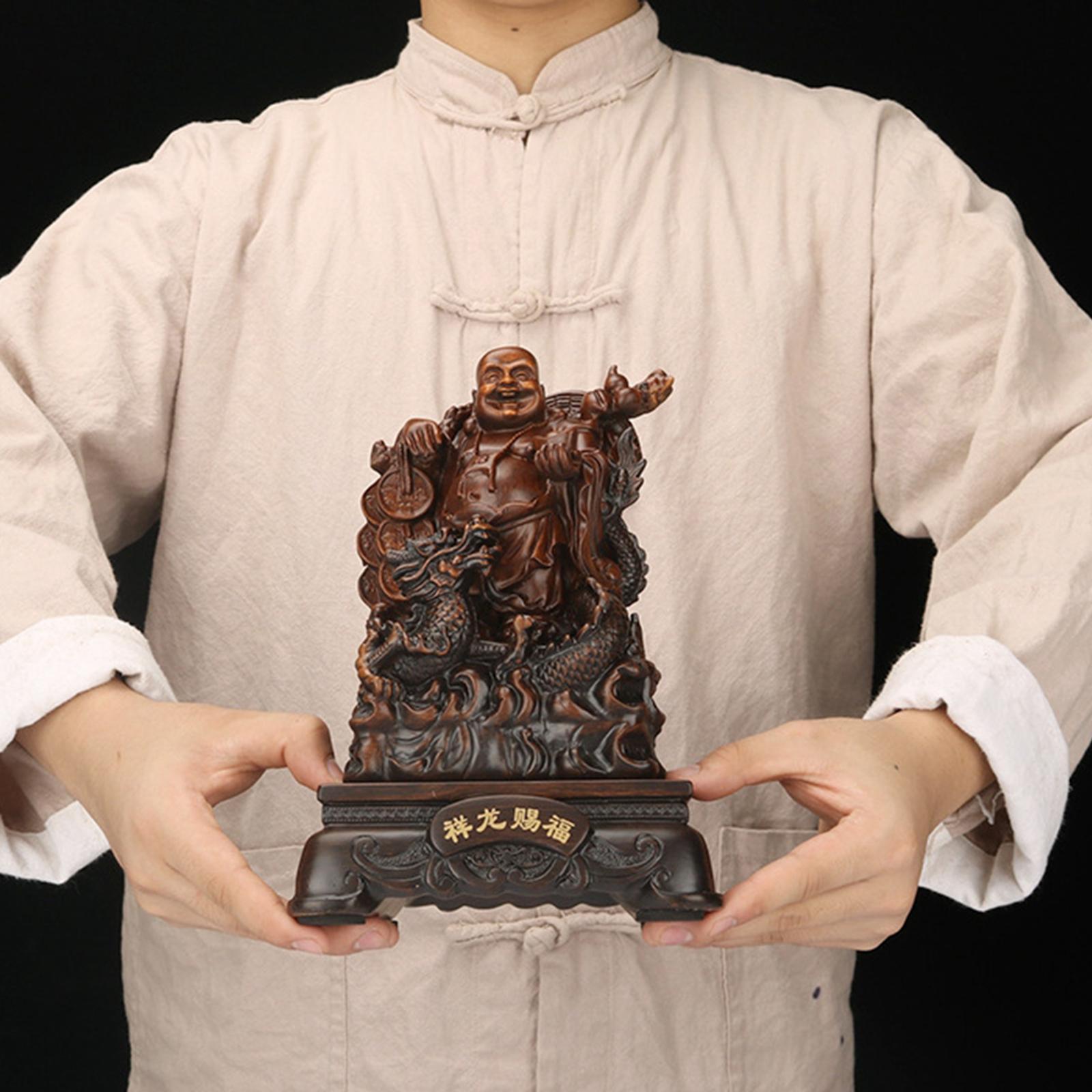 Sitting Buddha Statue, Buddha Sculpture Antique Decorative Feng Shui Chinese Buddha Statue, Laughing Buddha Figurine for Garden Office Desktop