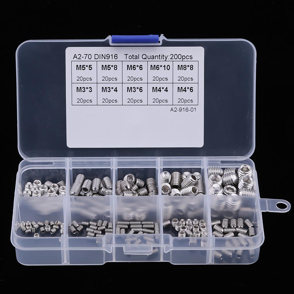 New 200pcs Stainless Steel Head Socket Hex Set Grub Screw Assortment Kit M3-M8