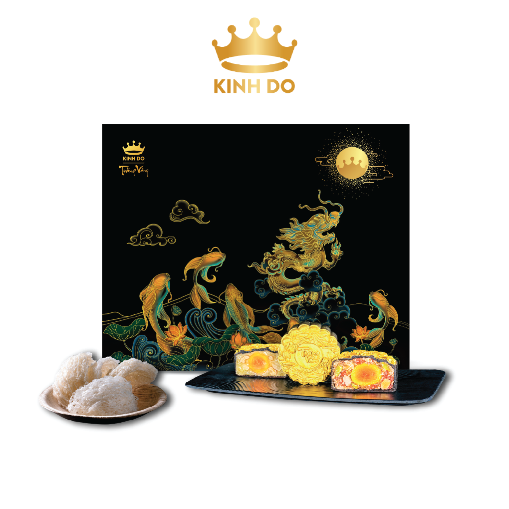 Hộp bánh trung thu Kinh Đô - Trăng Vàng Black &amp; Gold Yến Sào: 4 Bánh x 160gr và Trà + Tặng bộ lồng đèn, đầu lân, mặt nạ ông địa